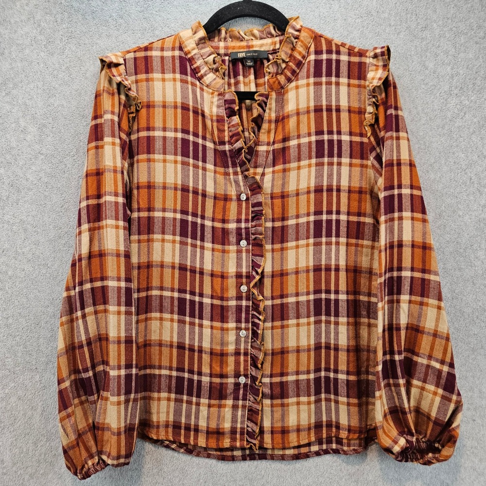 FRYE | Womens M Plaid Ruffle Trim Blouse Orange Burgundy Cottagecore Prairie